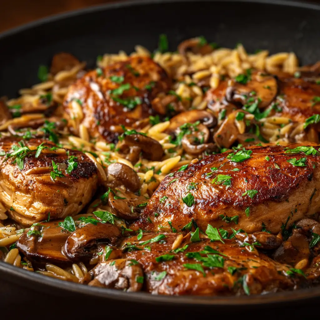 A step-by-step process shot of the orzo simmering in the Marsala chicken broth before the cream is added.