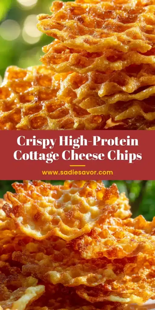 A shareable pin image for viral Cottage Cheese Chips, showing a bowl of crispy golden chips with text overlay for a high-protein, keto-friendly snack recipe.