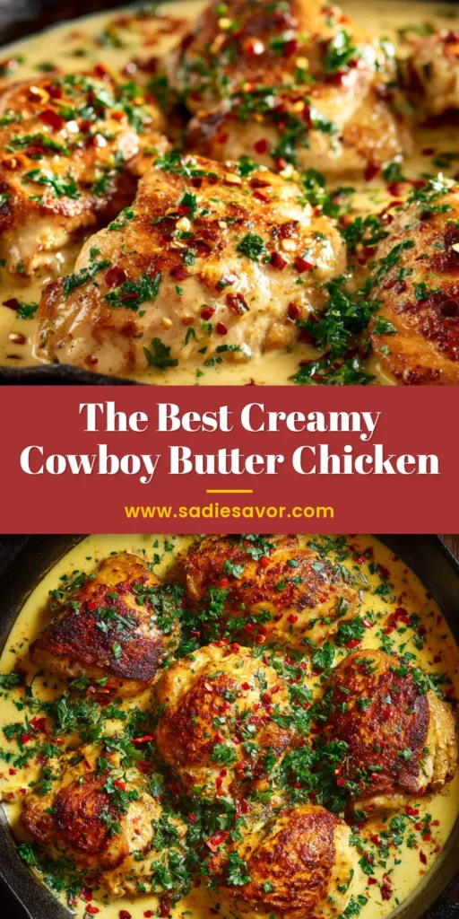 Cowboy Butter Chicken: The Ultimate Spicy, Savory Skillet Dinner 3 An overhead shot of Cowboy Butter Chicken in a cast iron skillet. The chicken is golden brown and generously coated in a vibrant, herb-flecked butter sauce.