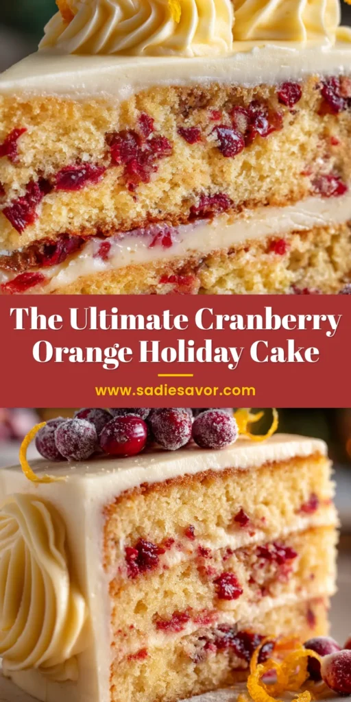 A stunning tall Cranberry Orange Layer Cake on a white cake stand, decorated with sugared cranberries and orange peel twists for a festive holiday look.
