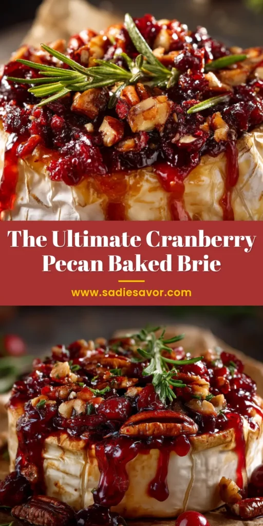 A warm, gooey Cranberry Pecan Baked Brie on a serving platter, topped with toasted pecans and fresh rosemary. Served with crackers for dipping.