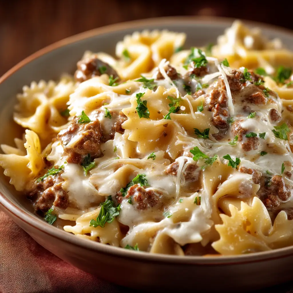 Beef and Bowtie Pasta: The Ultimate Weeknight Comfort Food 2 An extreme close-up shot of hearty beef and bowtie pasta, showing the texture of the creamy meat sauce clinging to the farfalle pasta.