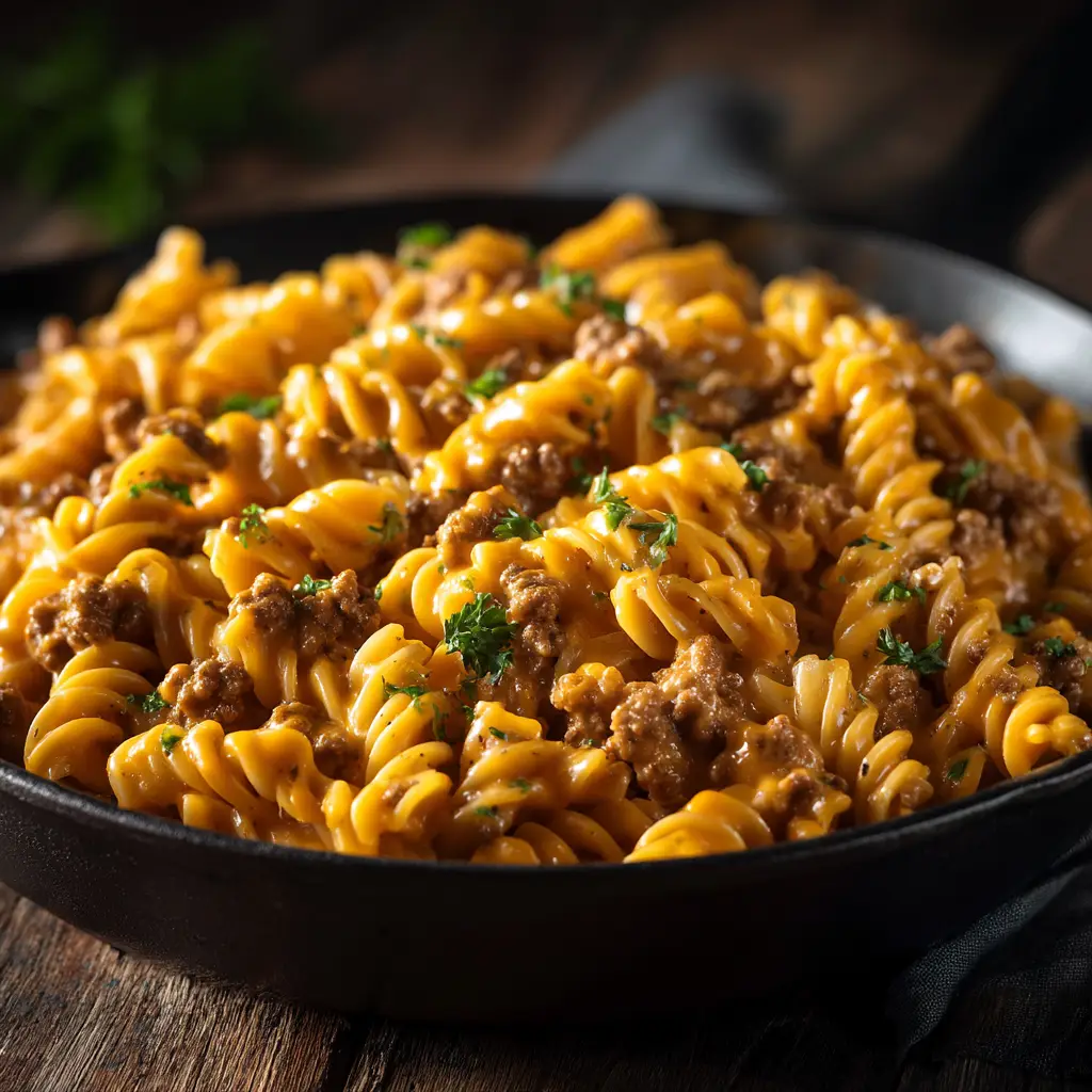 A spoonful of creamy beef and pasta being lifted from a bowl, highlighting the velvety sauce and tender ground beef.