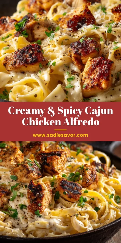 A top-down view of a white bowl filled with creamy Cajun Chicken Alfredo, garnished with fresh parsley. The spicy chicken is sliced over fettuccine.