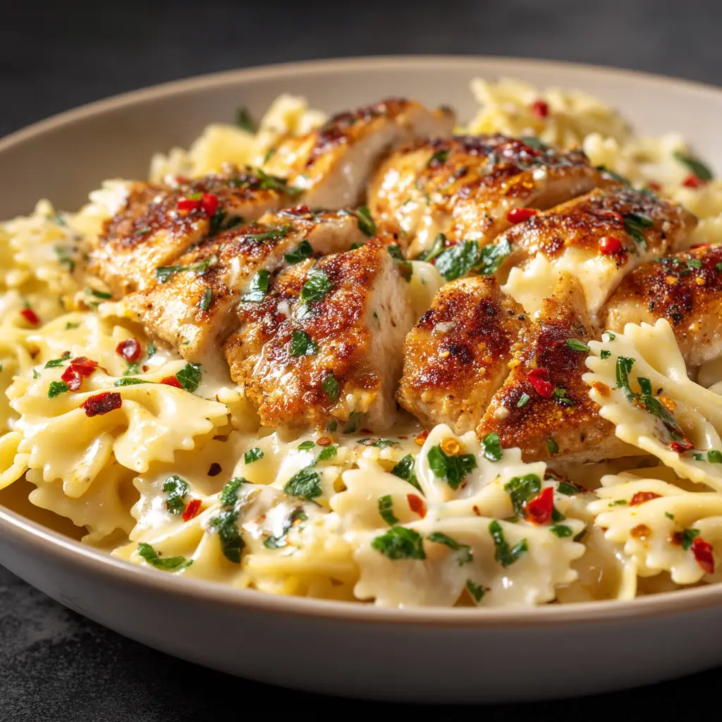 Garlic Butter Chicken Pasta (The Ultimate 30-Minute Recipe) 2 A close-up shot of creamy garlic chicken pasta in a bowl, showing the texture of the chicken and the rich sauce coating the fettuccine.
