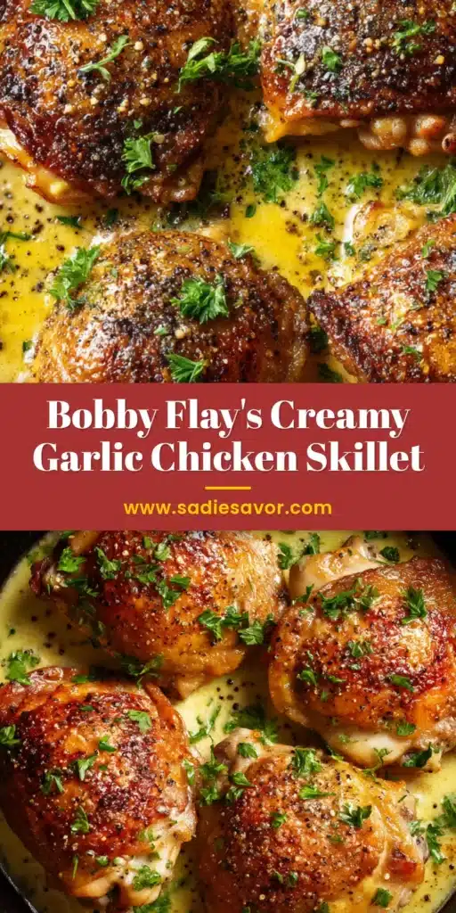 A skillet of creamy garlic chicken thighs with crispy skin, simmered in a rich parmesan cream sauce and garnished with fresh parsley.