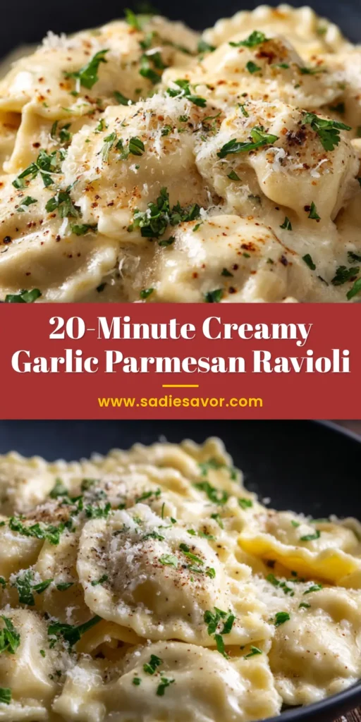 Creamy Garlic Parmesan Ravioli (Ready in 20 Minutes!) 4 A top-down view of Creamy Garlic Parmesan Ravioli in a white bowl, garnished with fresh parsley. The perfect quick and easy weeknight dinner idea.