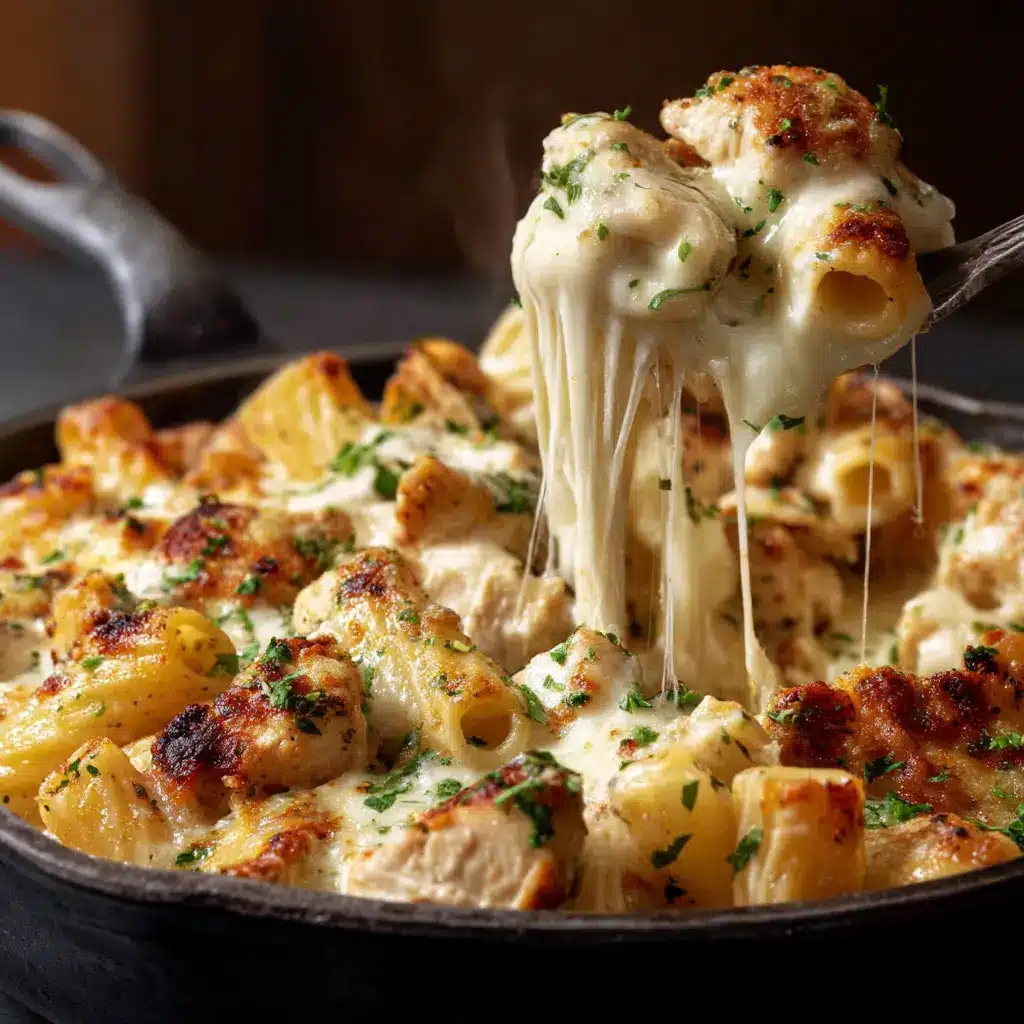 Garlic Parmesan Pasta Bake: The Ultimate Cheesy Comfort Dish 2 A close-up spoonful of creamy pasta bake, highlighting the rich garlic parmesan sauce coating the penne pasta.