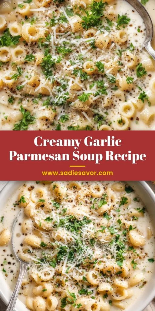 A large white bowl filled with Creamy Garlic Parmesan Soup, garnished with fresh herbs and cracked black pepper. A spoon rests in the bowl.