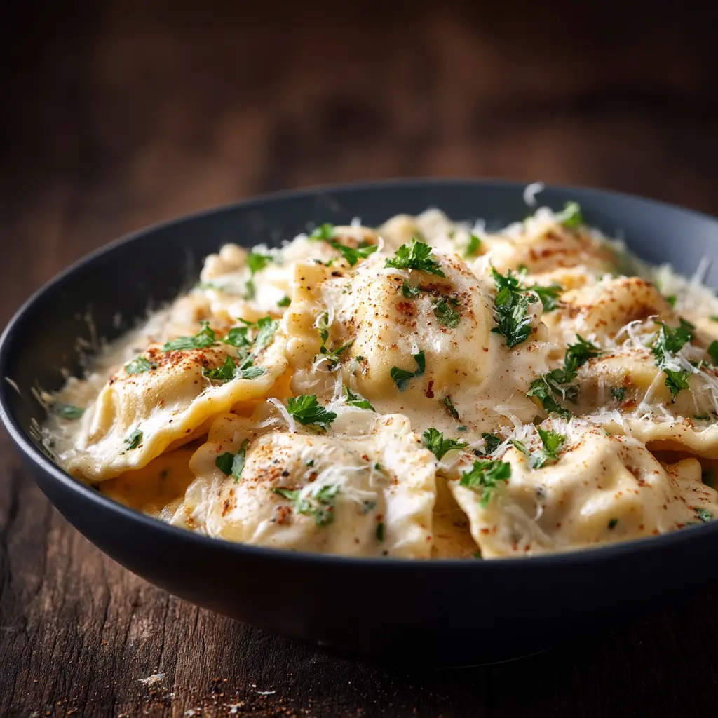 Creamy Garlic Parmesan Ravioli (Ready in 20 Minutes!) 2 An extreme close-up shot of cheese ravioli coated in a rich, creamy garlic parmesan sauce, highlighting the texture of the pasta and sauce.