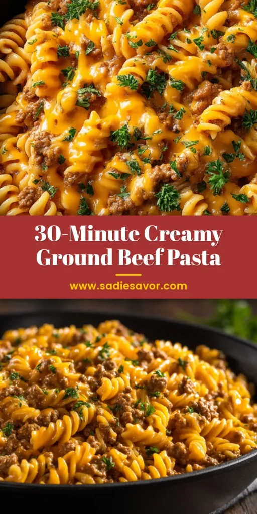 A top-down view of a white bowl filled with creamy ground beef pasta, garnished with fresh parsley. The perfect easy weeknight dinner idea.