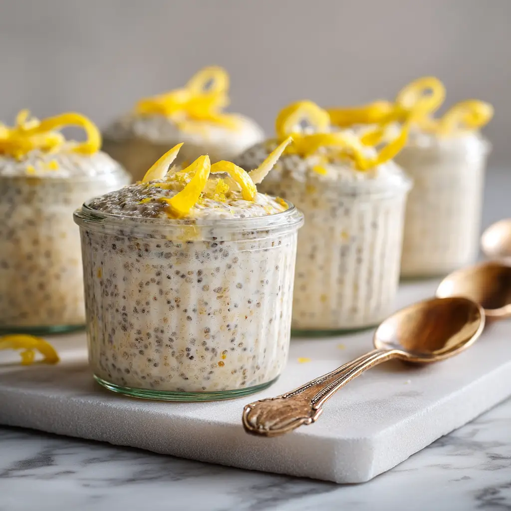 A close-up shot showing the thick, creamy texture of the lemon chia pudding on a spoon.