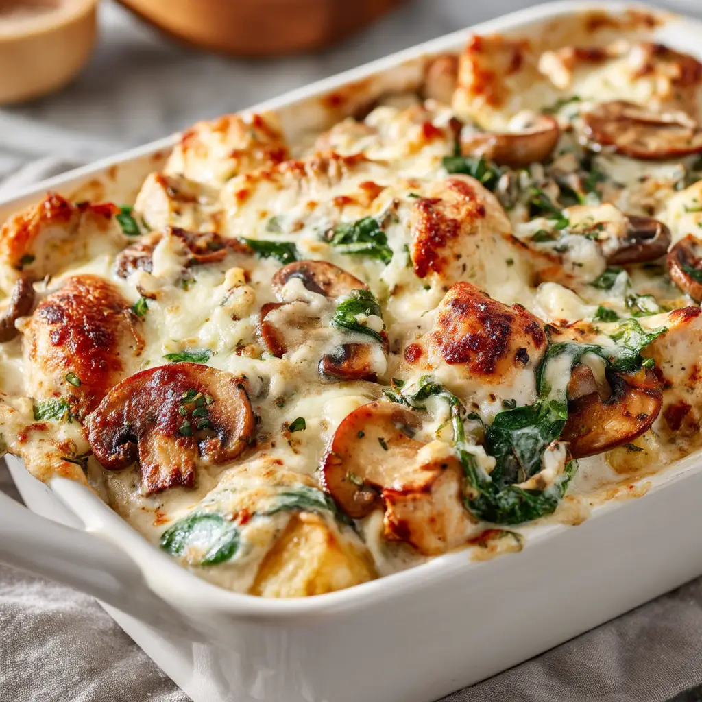 A scoop of creamy low-carb chicken casserole on a plate, showing the tender chicken and broccoli in a rich cheese sauce.