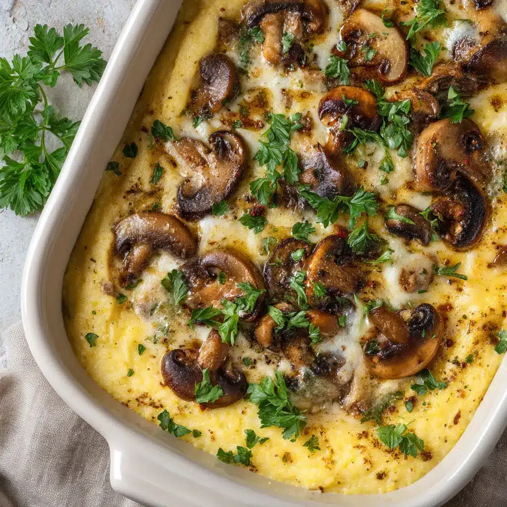 A close-up spoonful of the mushroom polenta casserole, illustrating the creamy texture of the polenta and the rich, savory mushroom ragout.