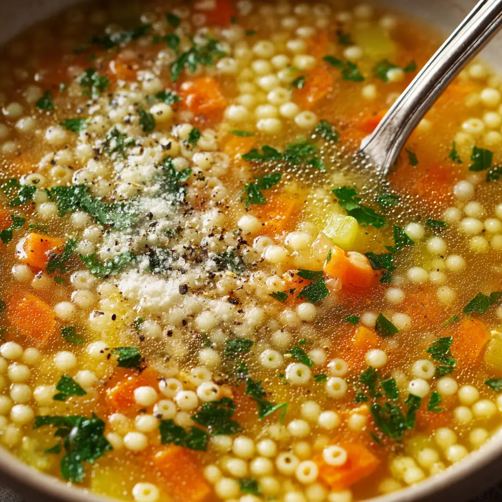Pastina Soup: The Ultimate Comfort in a Bowl 1 A spoonful of creamy pastina soup being lifted from a bowl, highlighting the cheesy texture and tiny star pasta.