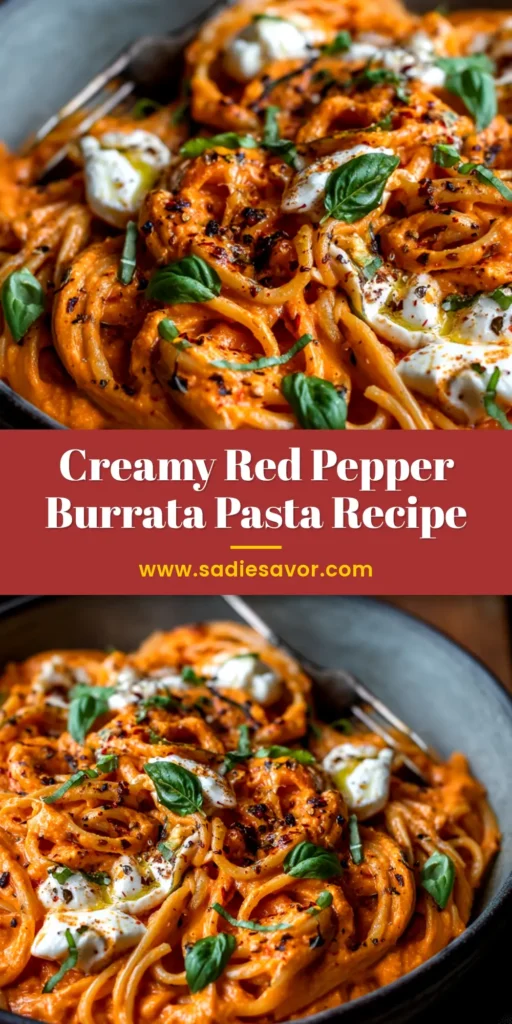 A close-up shot of a white bowl filled with creamy red pepper pasta, garnished with fresh basil leaves and parmesan cheese. The pasta is perfectly coated in a vibrant orange sauce.