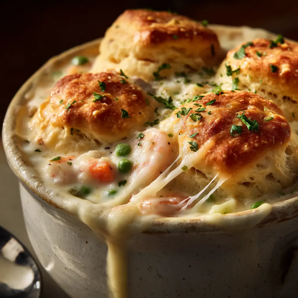 Cheddar Bay Seafood Pot Pie: The Ultimate Comfort Food Mashup 2 A close-up shot of the creamy seafood pot pie filling, showing tender shrimp, carrots, and peas in a rich sauce before being topped.