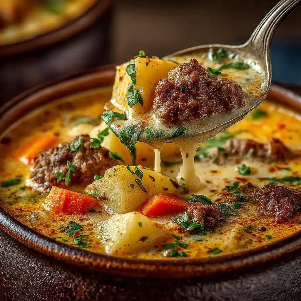Crockpot Cheeseburger Soup: The Ultimate Comfort Food Recipe 2 A close-up spoonful of creamy slow cooker cheeseburger soup, showing the rich texture with bits of ground beef and potato.