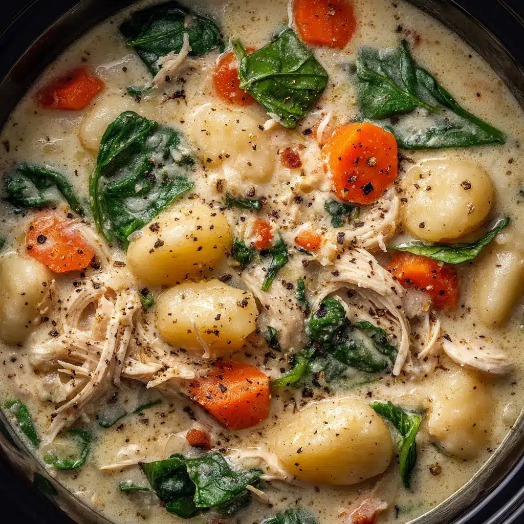 Crockpot Chicken Gnocchi Soup (The Ultimate Creamy Recipe) 2 An overhead extreme close-up of creamy chicken gnocchi soup in a bowl, showing the rich texture of the broth, a piece of chicken, and a pillowy gnocchi.