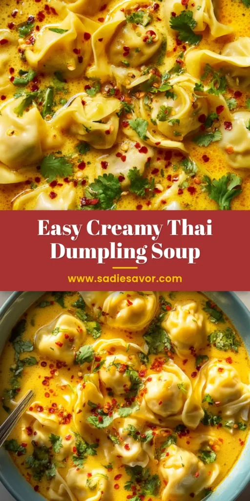 A large white bowl filled with Creamy Thai Dumpling Soup. The soup is garnished with fresh cilantro and red chiles, with a spoon resting in the bowl.