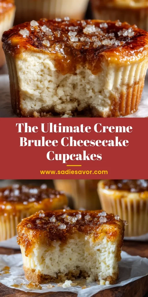 A close-up of three Creme Brulee Cheesecake Cupcakes on a platter, featuring perfectly torched, golden-brown sugar tops. This is the ultimate recipe for combining two classic desserts.