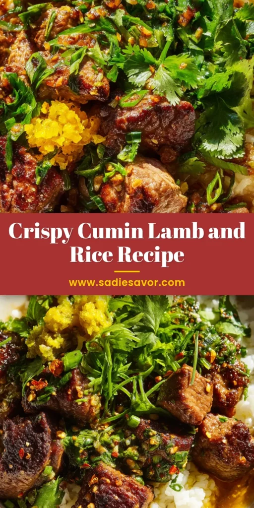 A sharable pin image of crispy cumin lamb in a bowl with text overlay for Pinterest.