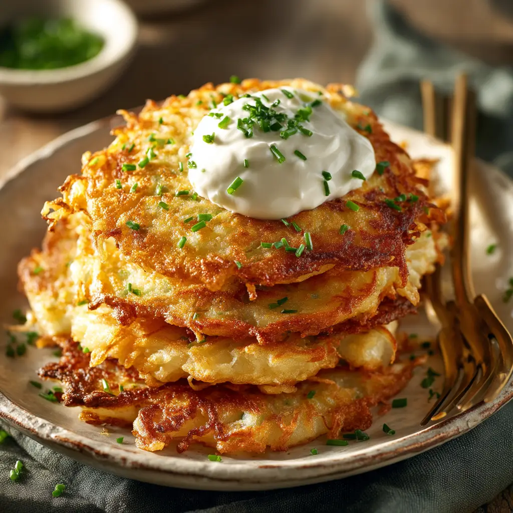German Potato Pancakes (Authentic Kartoffelpuffer) 2 A close-up shot of freshly fried Kartoffelpuffer on a wire rack, showing off their crispy, golden texture.
