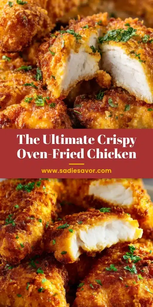A platter of golden brown, crispy oven fried chicken, perfectly baked and ready to serve. The chicken looks juicy with a crunchy breadcrumb coating.