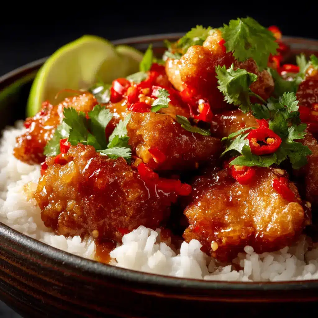 Sweet And Spicy Thai Chicken (The Ultimate Easy Recipe) 2 A close-up view of crispy Thai chicken pieces coated in a glistening sweet and spicy sauce.