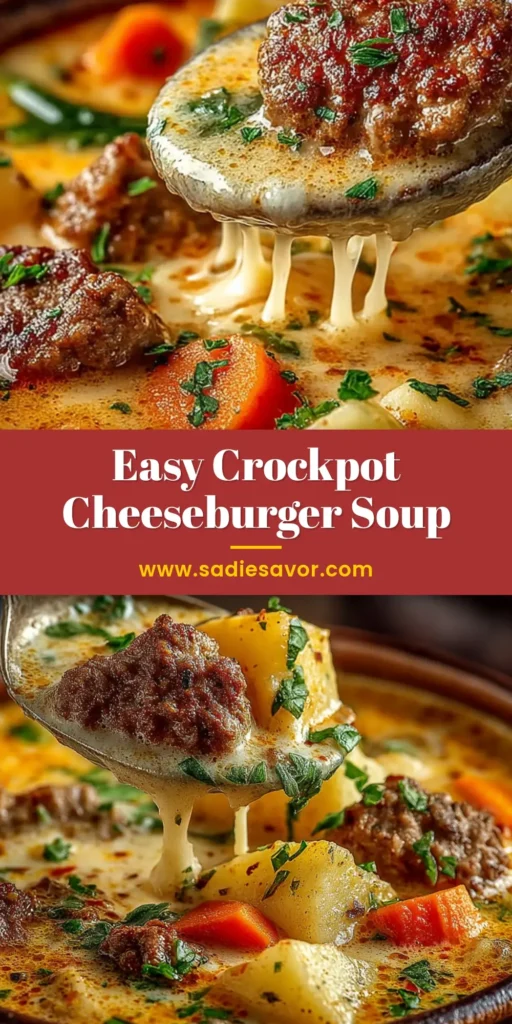 Crockpot Cheeseburger Soup: The Ultimate Comfort Food Recipe 3 A delicious bowl of Crockpot Cheeseburger Soup garnished with bacon, pickles, and sesame seed croutons, ready to be shared on Pinterest.