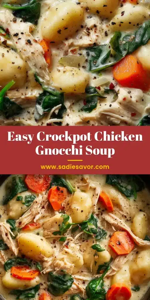 Crockpot Chicken Gnocchi Soup (The Ultimate Creamy Recipe) 4 A large white bowl filled with creamy crockpot chicken gnocchi soup, garnished with fresh parsley. The soup is thick with chicken, gnocchi, and spinach.