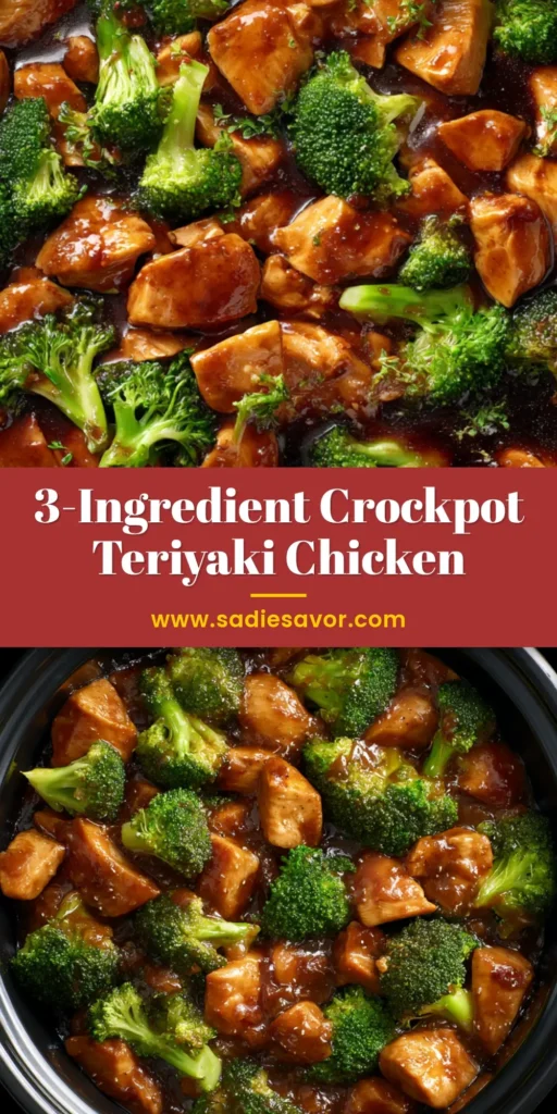 A close-up vertical shot of Crockpot Teriyaki Chicken served in a white bowl with rice and broccoli, garnished with sesame seeds. The text overlay reads 'Easy Crockpot Teriyaki Chicken'.
