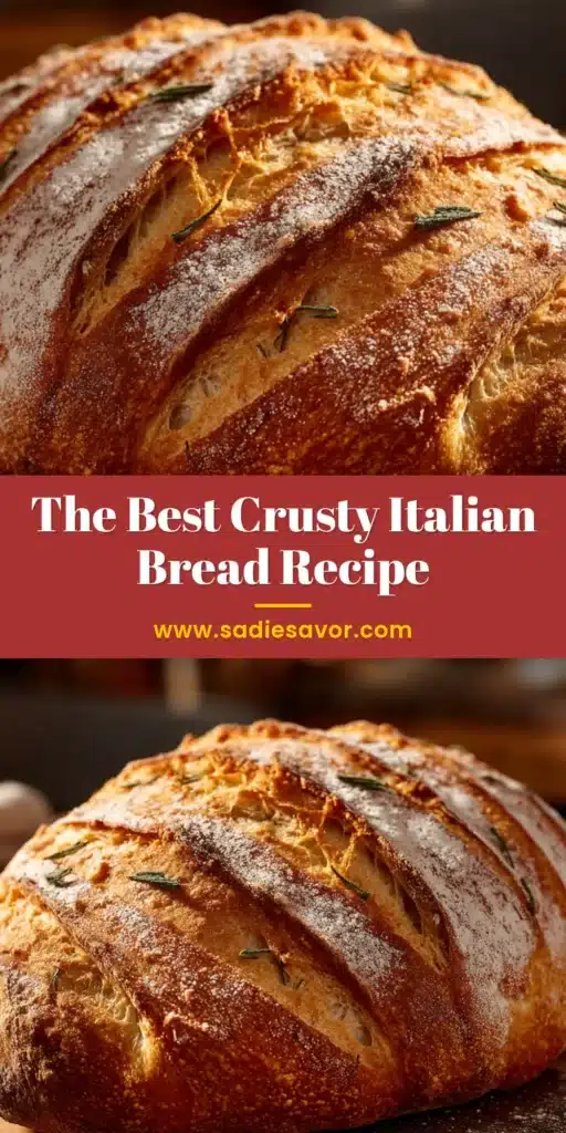 A beautiful golden-brown loaf of homemade crusty Italian bread on a wooden board, ready to be sliced and served.