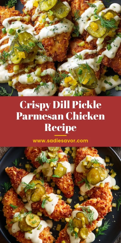 A close-up shot of crispy Dill Pickle Parmesan Chicken on a plate, showcasing the golden-brown crust and juicy interior, garnished with fresh dill.