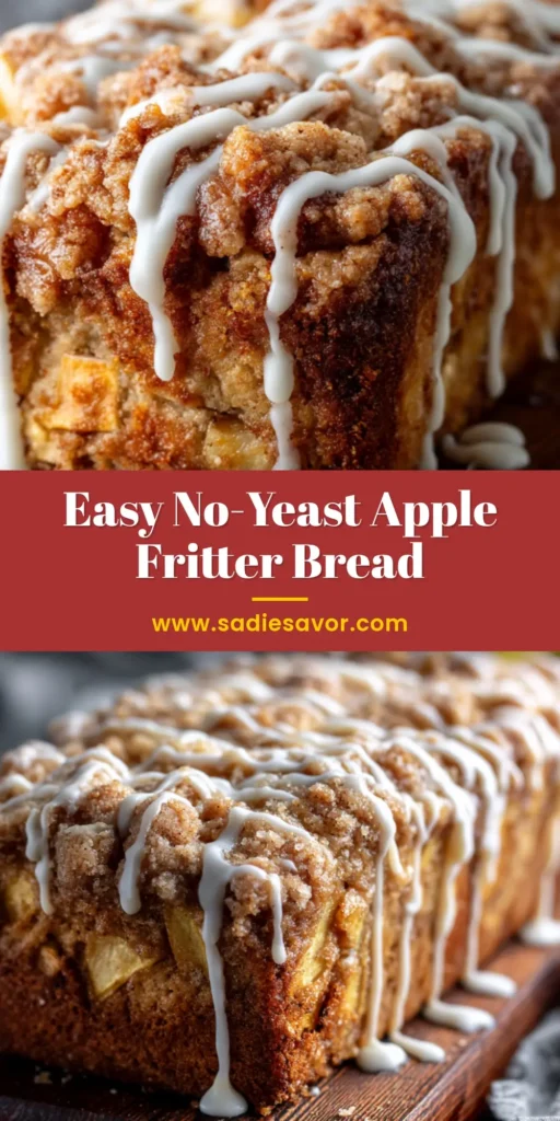 A beautiful slice of easy Apple Fritter Bread on a white plate, showing the cinnamon apple swirl and vanilla glaze.