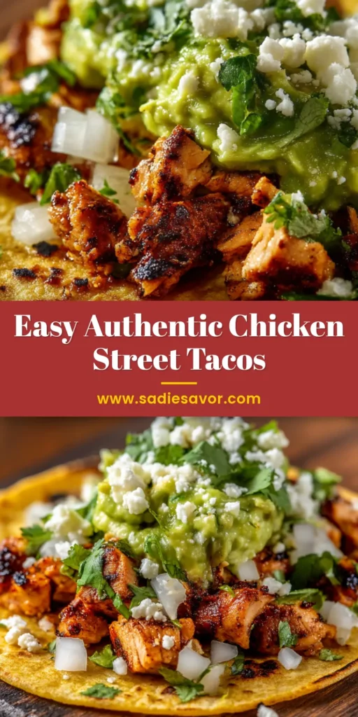 Chicken Street Tacos: Authentic Flavor Made Easy 3 An overhead shot of delicious Chicken Street Tacos on a wooden board. The tacos are filled with juicy, chopped chicken and topped with fresh cilantro, onions, and cotija cheese, with lime wedges on the side.