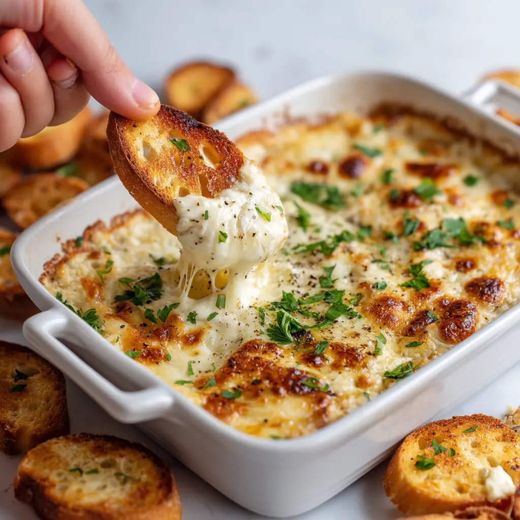 A baking dish filled with easy garlic bread dip, showing the creamy texture beneath the melted mozzarella cheese.