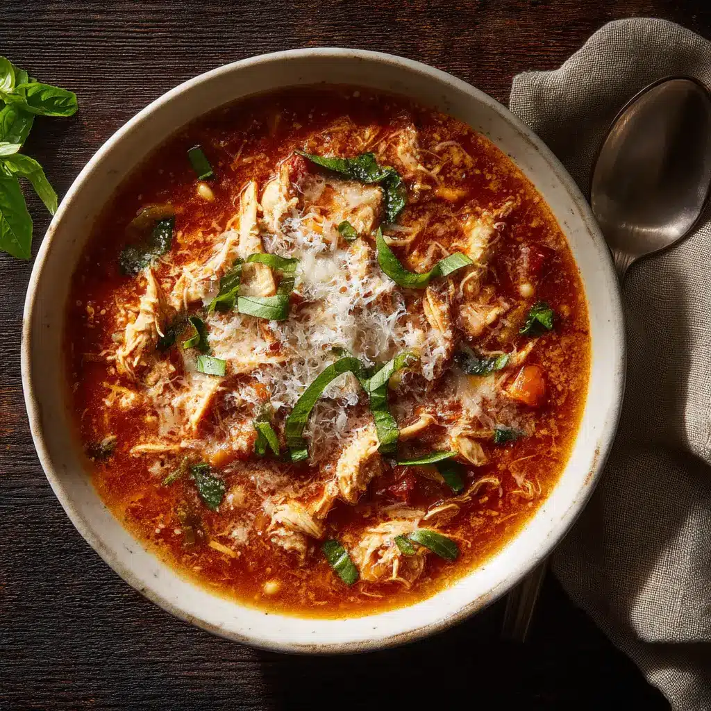 A close-up shot of chicken parmesan soup being scooped with a spoon, revealing the tender chicken and creamy texture.