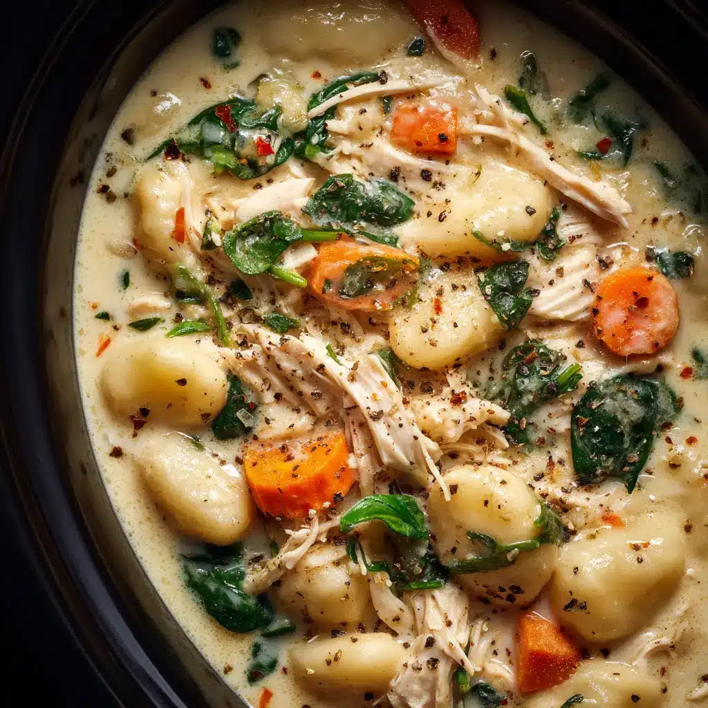 Crockpot Chicken Gnocchi Soup (The Ultimate Creamy Recipe) 1 Another top-down view of the chicken gnocchi soup, with a spoon dipping into the bowl, ready to be eaten. The focus is on the spinach and tender chicken.