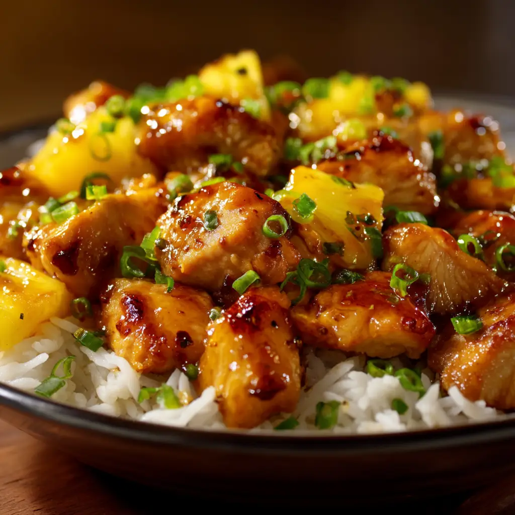 A spoonful of pineapple chicken and rice being lifted from a bowl, highlighting the key ingredients of the easy weeknight meal.