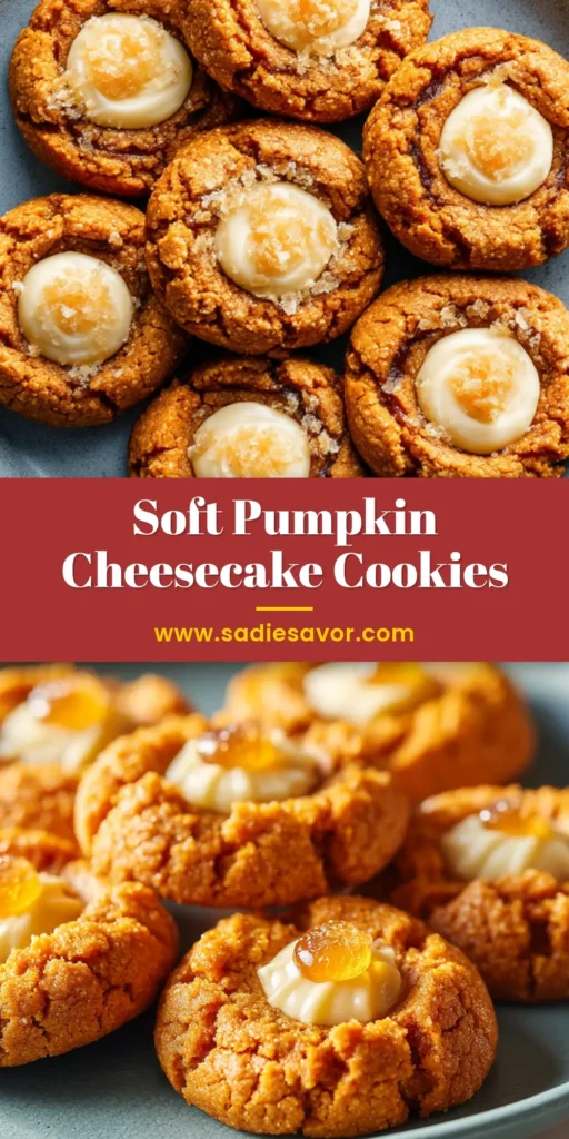 Pumpkin Cheesecake Cookies: The Perfect Soft and Chewy Fall Treat 3 A close-up shot of several soft and chewy pumpkin cheesecake cookies arranged on a cooling rack, with a creamy filling in the center.