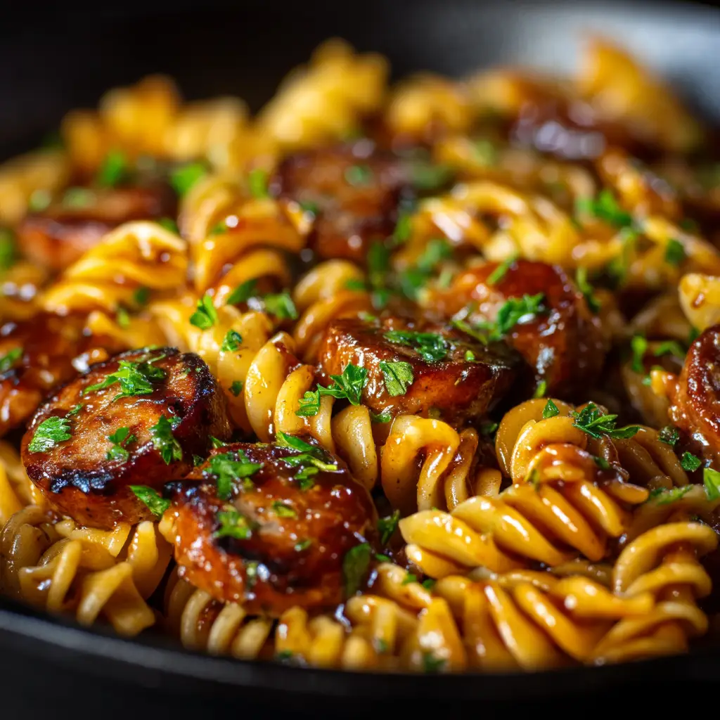 A fork lifting a bite of the easy sausage pasta, showing the rich texture of the dish.