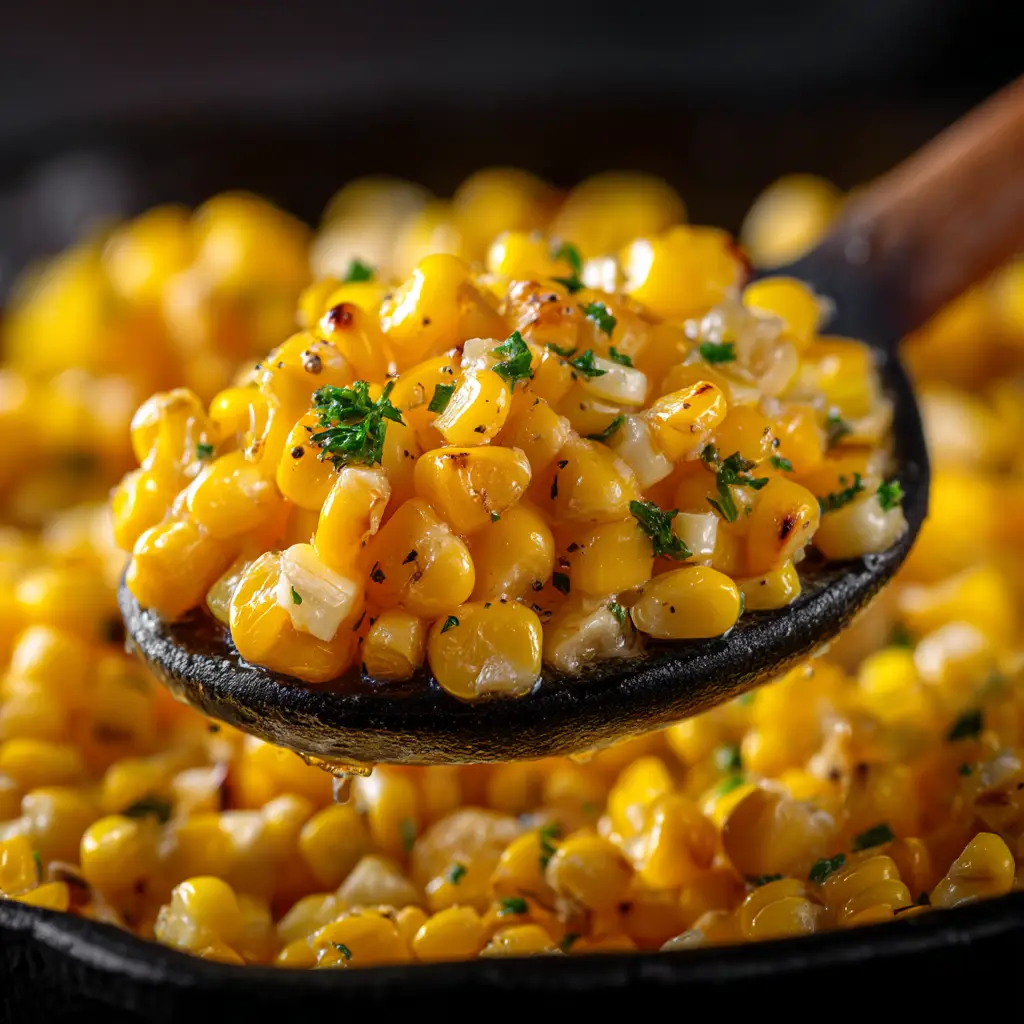 A spoonful of the easy skillet corn recipe, showcasing the tender kernels coated in a rich, glossy sauce.
