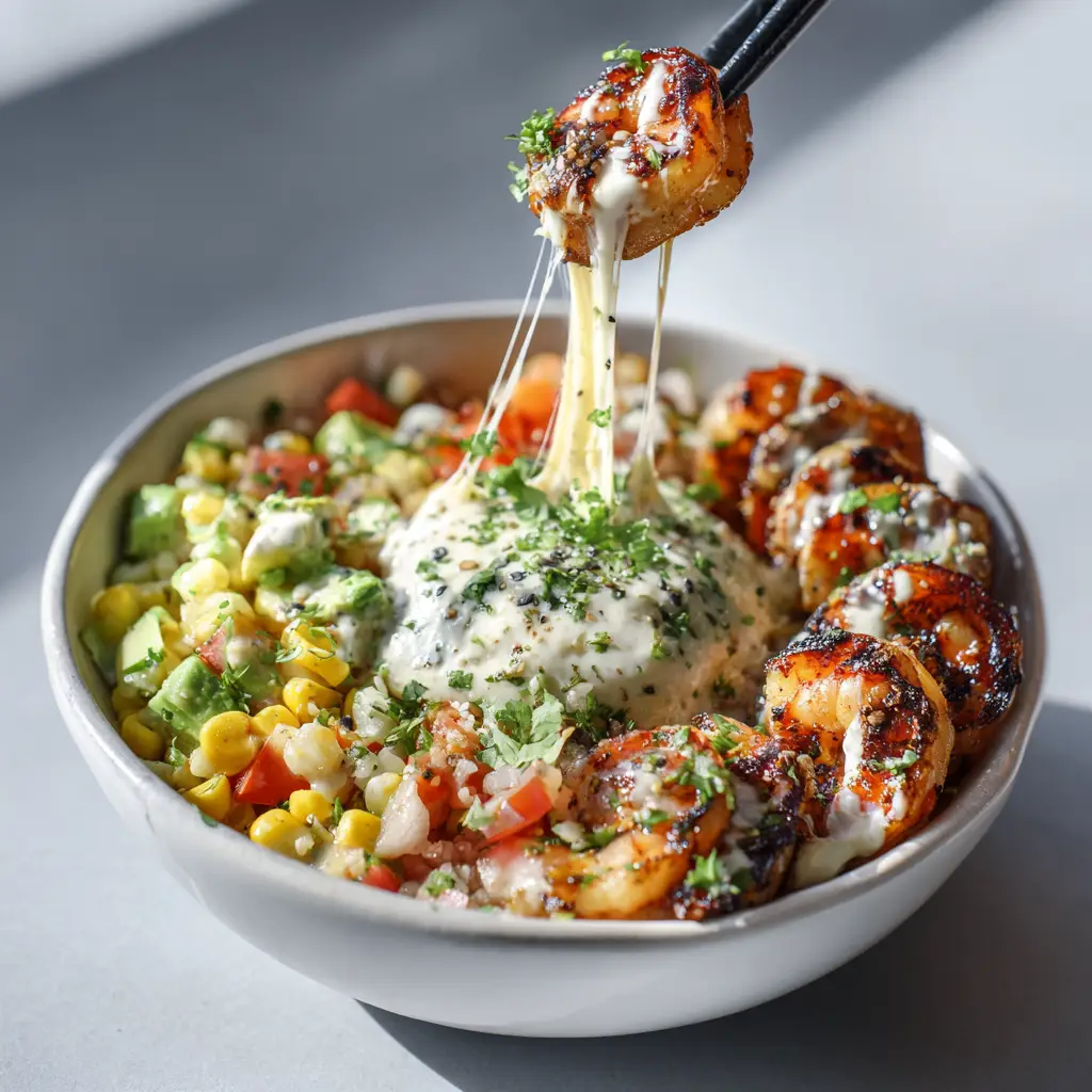 A beautiful grilled shrimp bowl presented from above. The shrimp has visible grill marks, and it's surrounded by fresh toppings like red onion and cilantro with a side of lime.