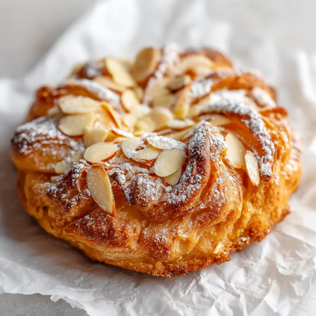 Almond Pastry Recipe (Quick & Easy Braid) 2 A close-up shot of the flaky, golden-brown crust of the almond pastry. The layers of the puff pastry are visible, highlighting the perfect texture.