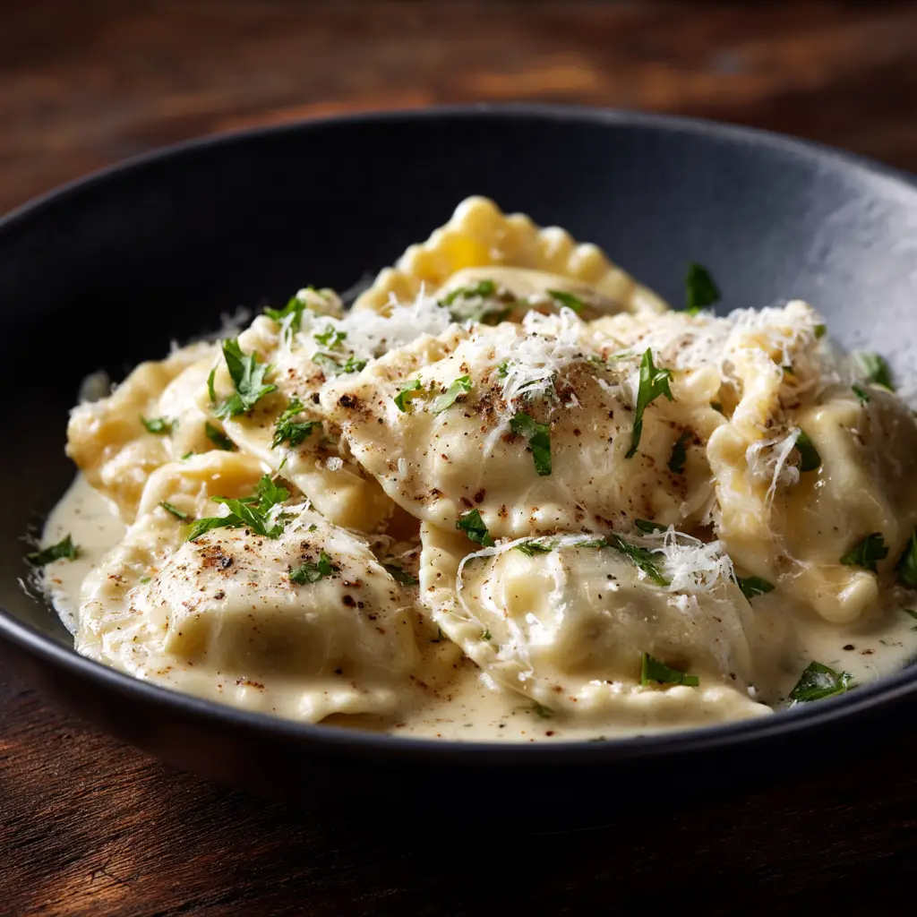 Creamy Garlic Parmesan Ravioli (Ready in 20 Minutes!) 1 A fork lifting a piece of garlic parmesan ravioli from a bowl, showcasing the cheesy filling and creamy sauce.