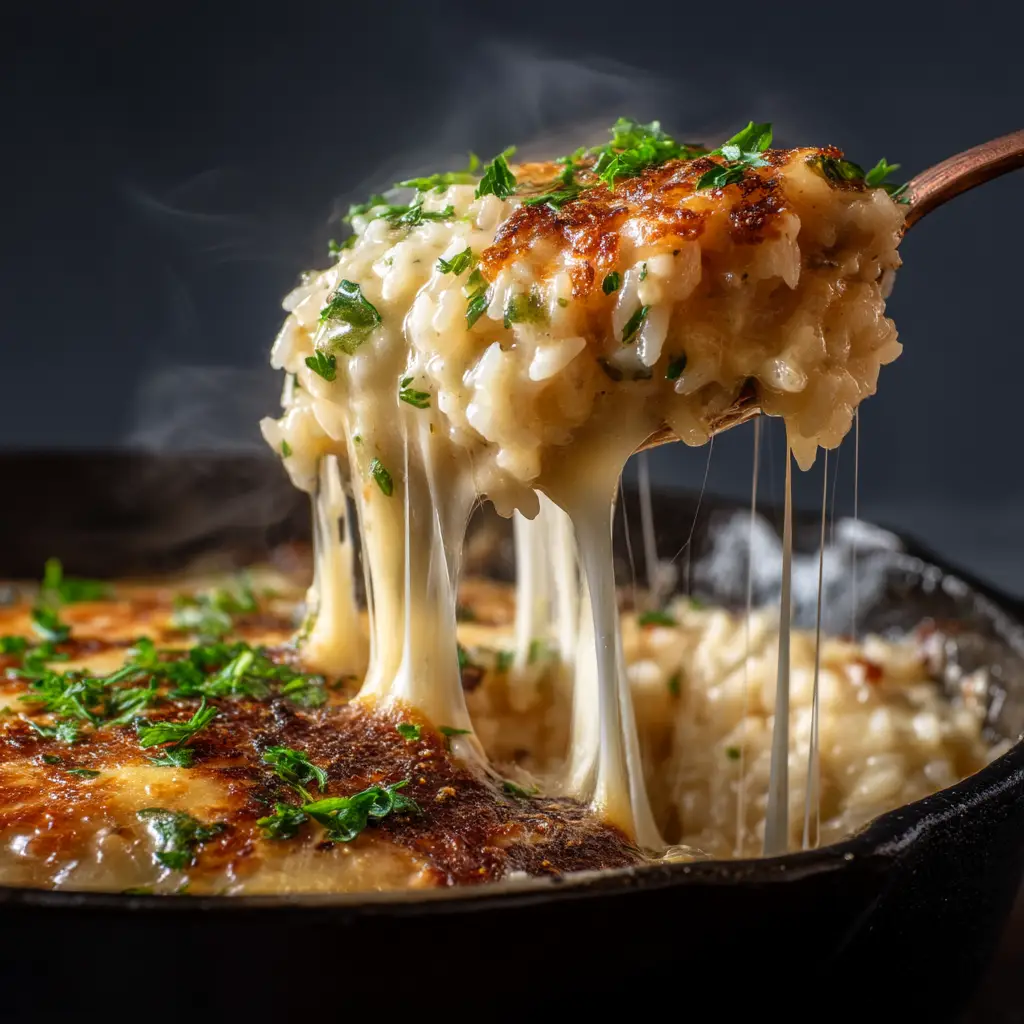 French Onion Soup Rice: The Ultimate Cheesy Comfort Dish 2 A close-up spoonful of cheesy onion rice casserole, showcasing the texture of the rice infused with savory broth and caramelized onions.