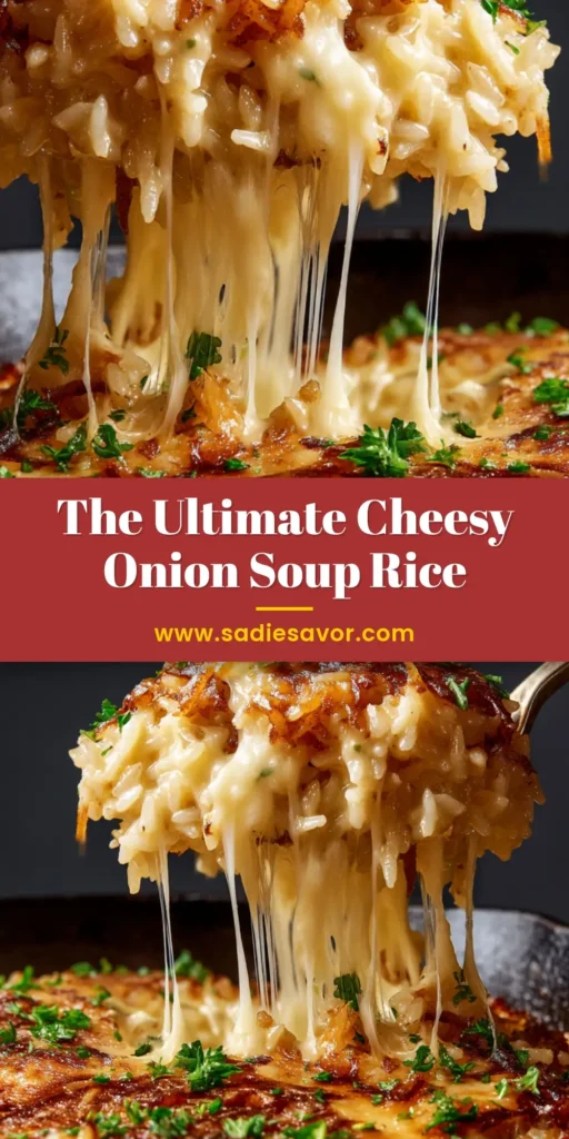 French Onion Soup Rice: The Ultimate Cheesy Comfort Dish 3 An overhead shot of a skillet of French Onion Soup Rice, showing the perfectly golden brown and bubbly Gruyère cheese crust, ready to be served.
