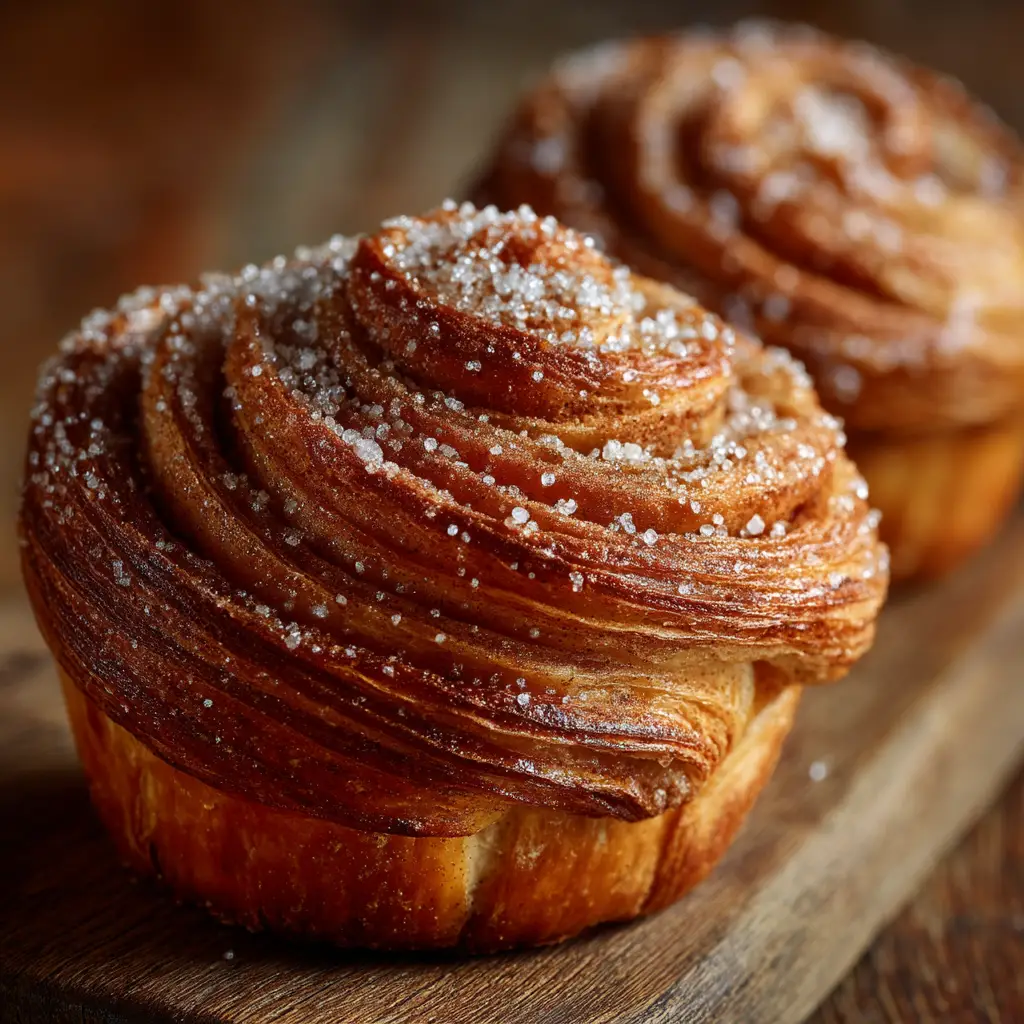 A batch of freshly baked cinnamon cruffins cooling on a wire rack, with steam gently rising from their golden-brown tops.