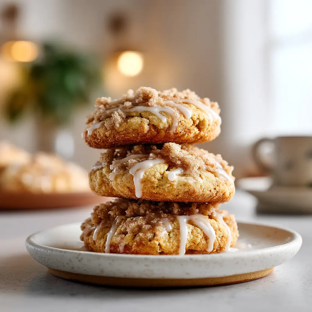 A batch of freshly baked coffee cake cookies cooling on a wire rack, with steam gently rising.
